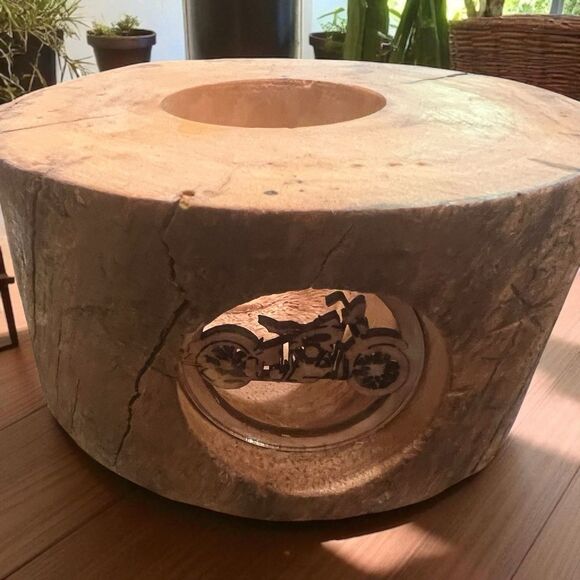 Rustic Wood Candle Holder Motorcycle Carving Biker Decor Handmade - Picture 1 of 10